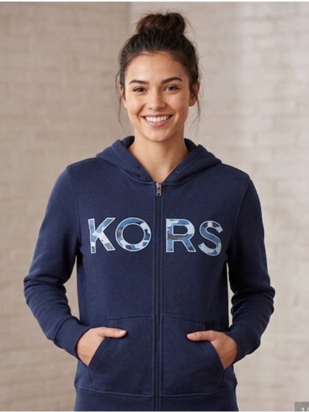 Michael Kors Navy Zip Hoodie Logo Sweatshirt Blue Camo Hood Women’s M